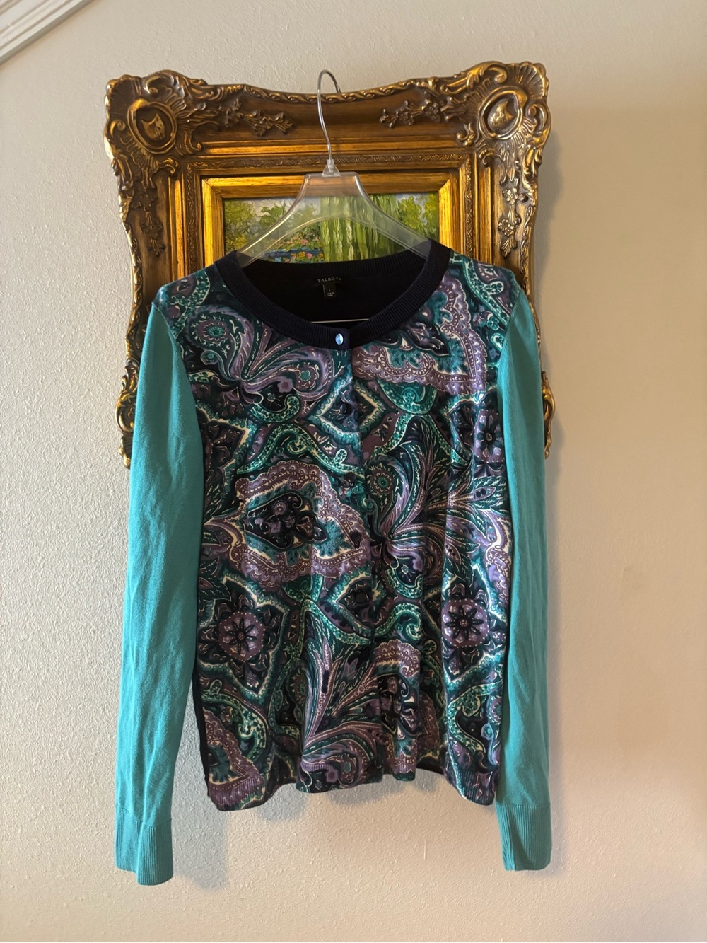 Talbots Teal and Black Paisley-Front Long Sleeve Cardigan